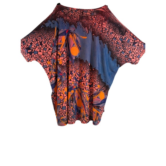 Inoah Womens Abstract Mosaic Mesh Batwing Top Blue Coral Orange S artsy Bold - Picture 3 of 10